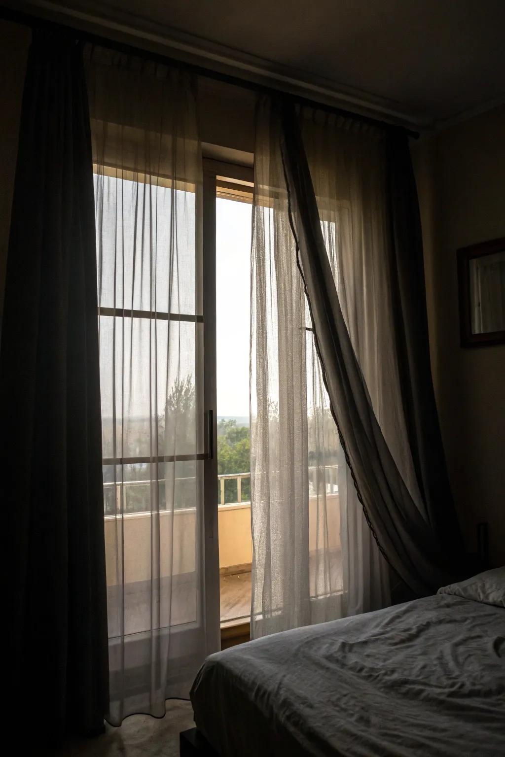Dark curtains can transform an area through their enigmatic allure.