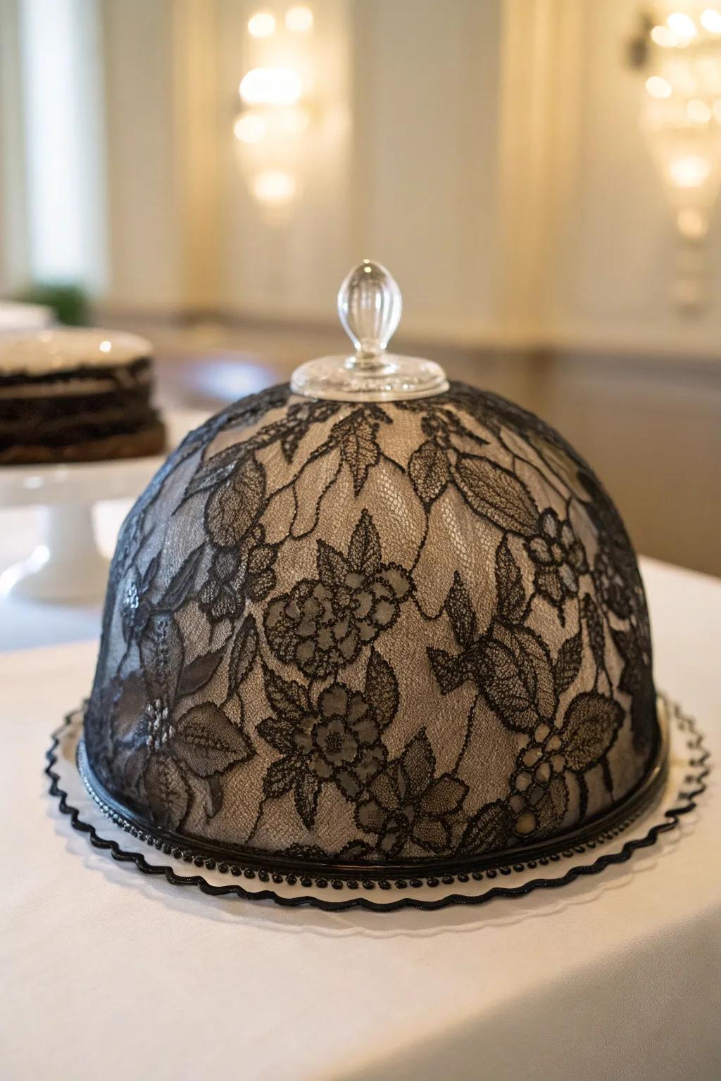 Lace fabric inside a dome imparts a hint of mystery.