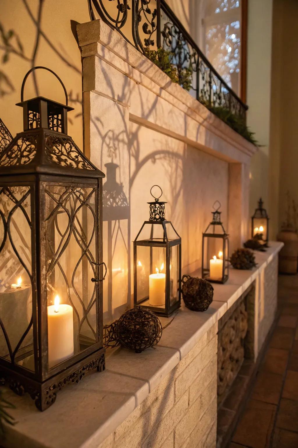 Lanterns with candles craft captivating light designs.
