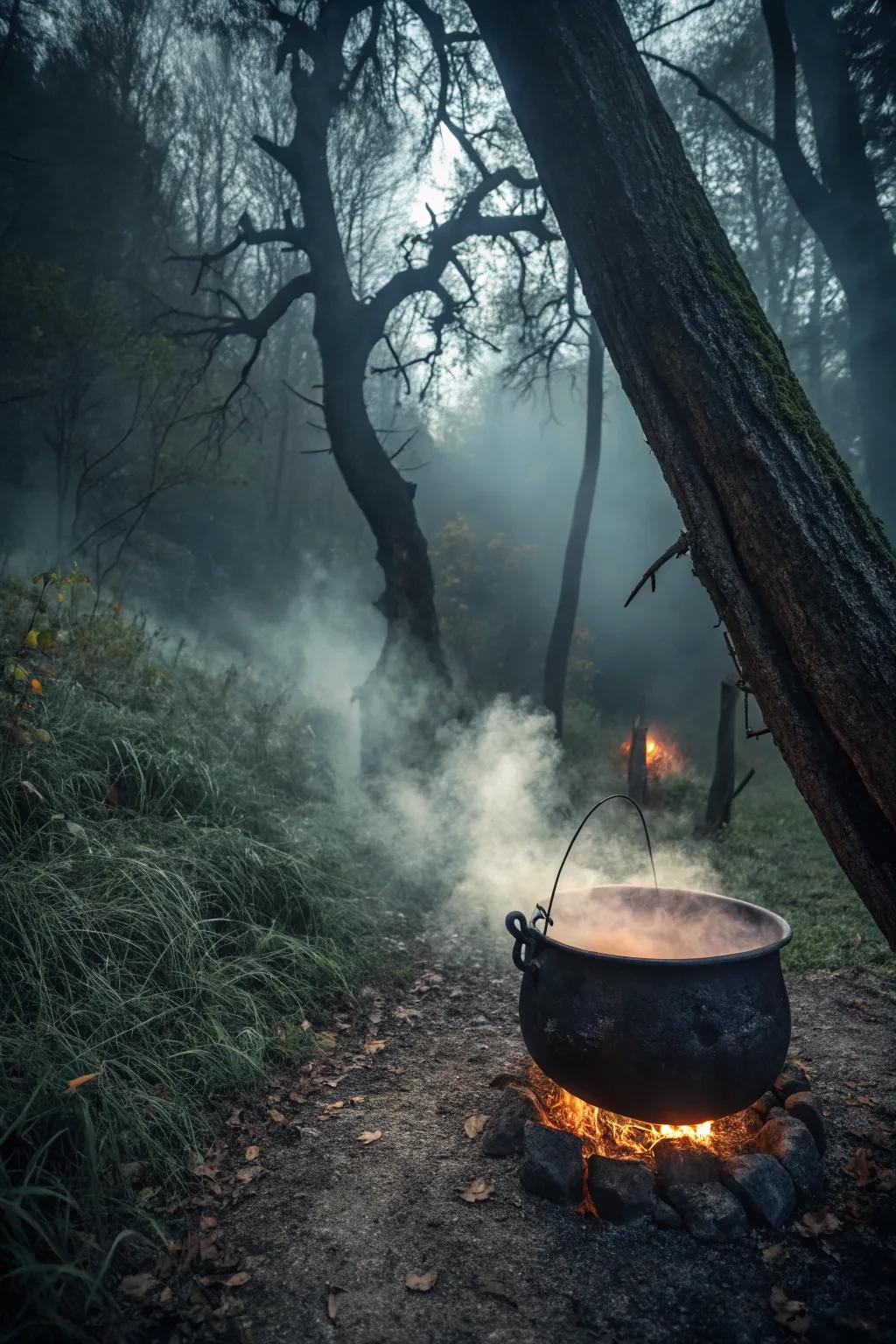 A witch's cauldron bubbling with mystical vapor and lights.
