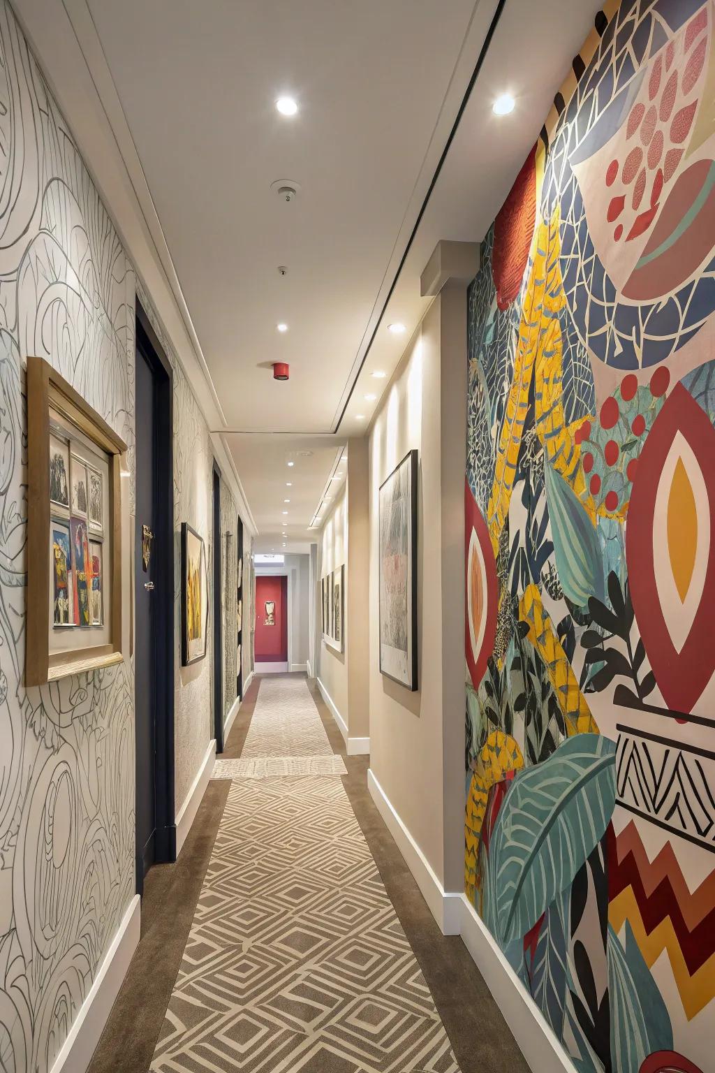 A hallway featuring striking, conceptual artistry imparting flair.