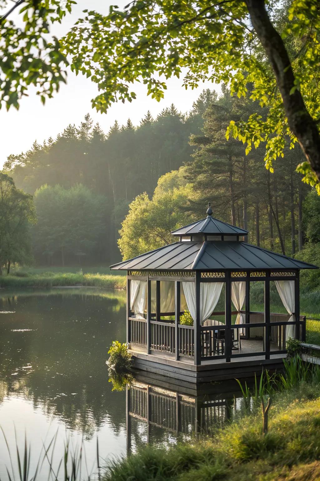 Encounter serenity with a floating gazebo upon water.