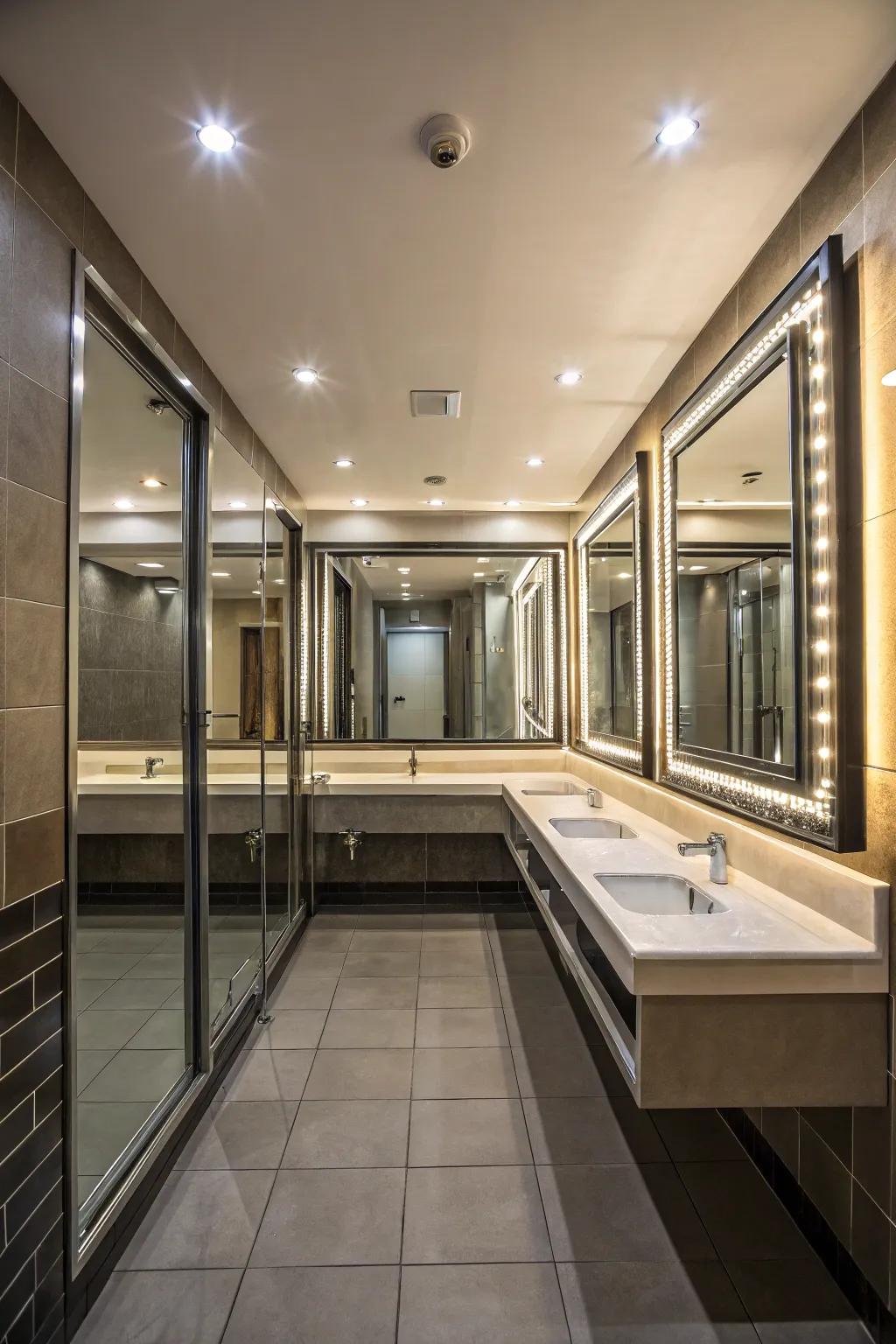 Mirrors fashion the illusion of space in concealed shower designs.