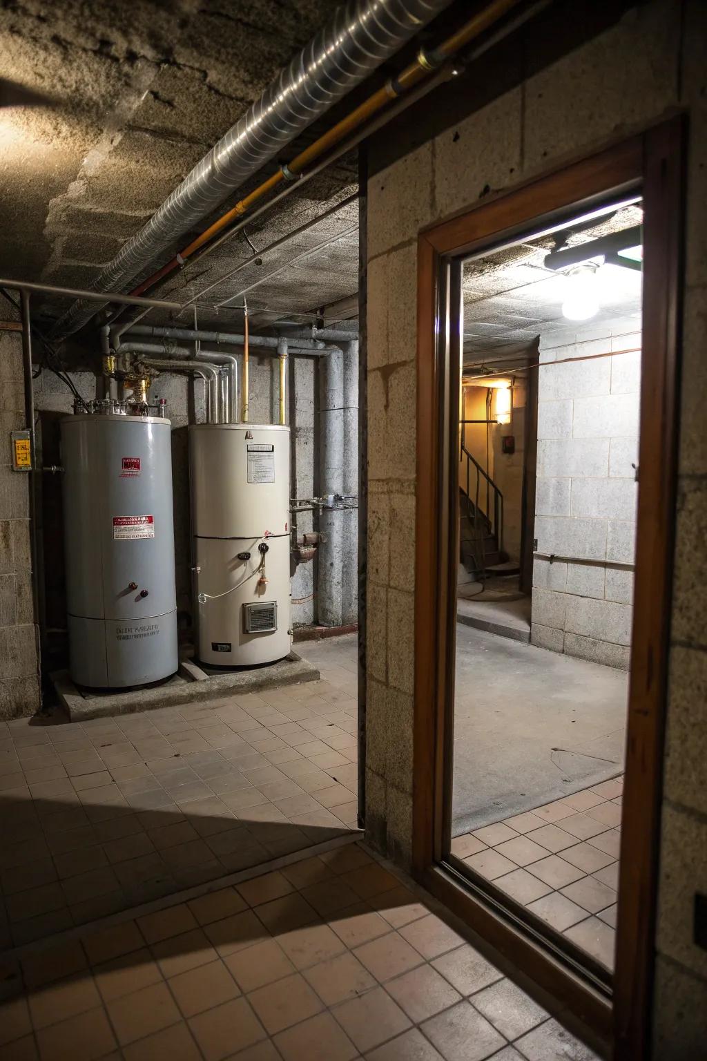 Mirrored doors enhance the sense of space while concealing utilities.