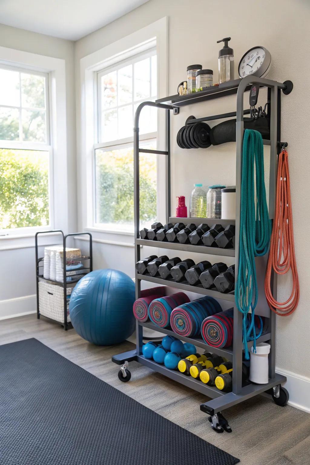 Movable carts offer flexibility and ease in the storage of gym equipment.