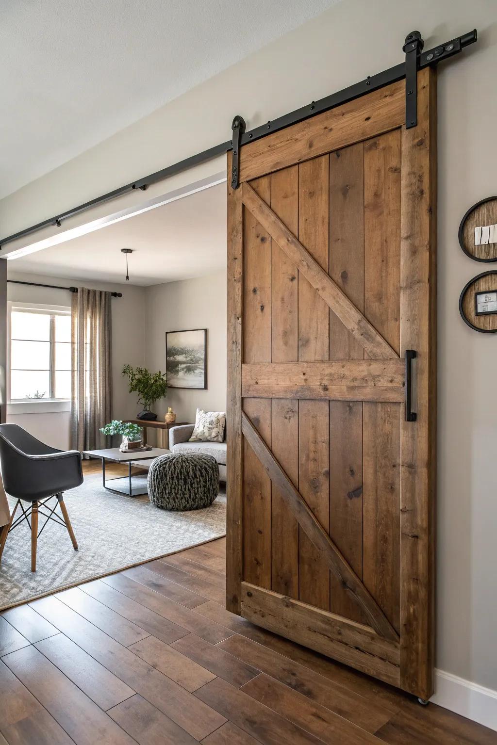 Room featuring a natural yet contemporary gliding farmhouse entrance.