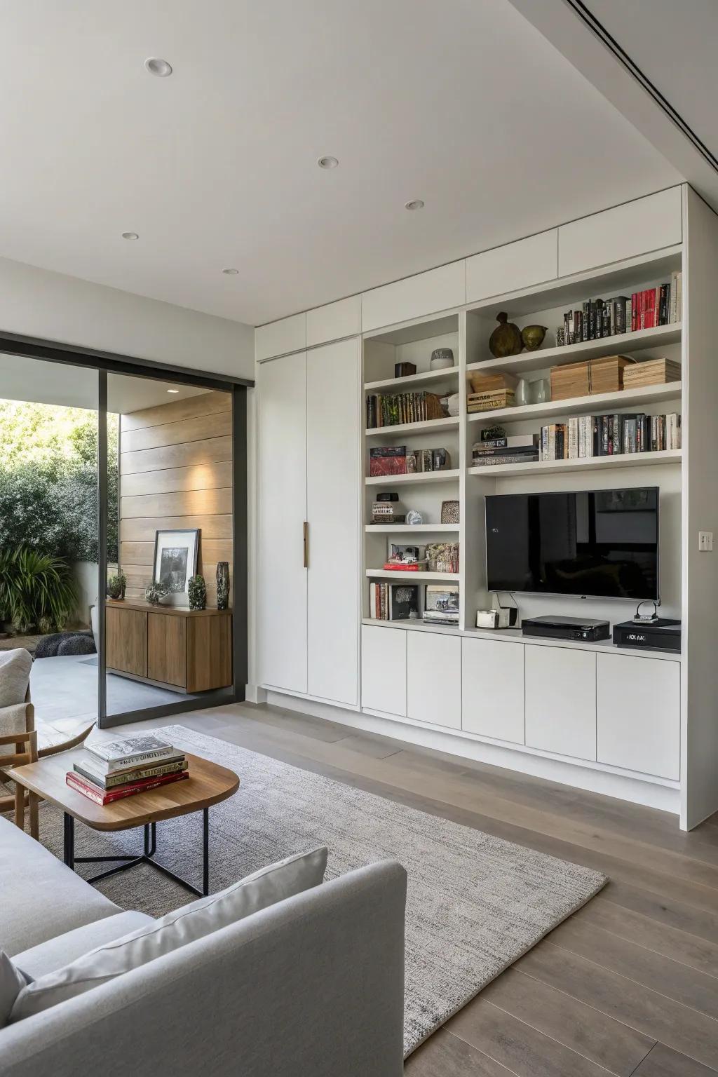 An orderly living area accentuated by innovative, discreet storage alternatives.