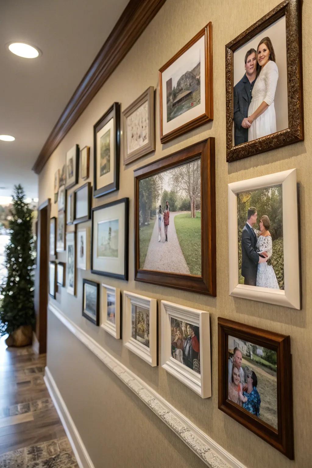 A photographic gallery wall appends a personal semblance to your domicile.