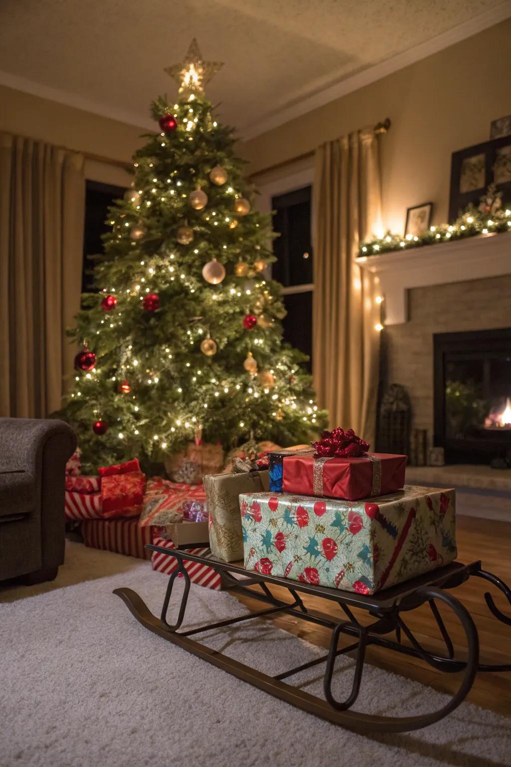 A snug holiday vista featuring a sled and Christmas tree