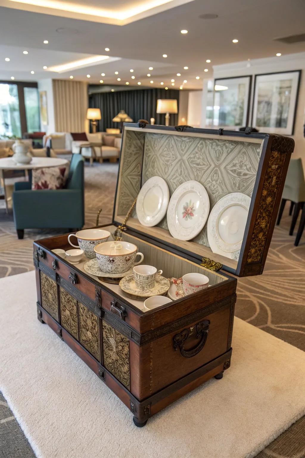A vintage container repurposed as a distinct presentation case for china.