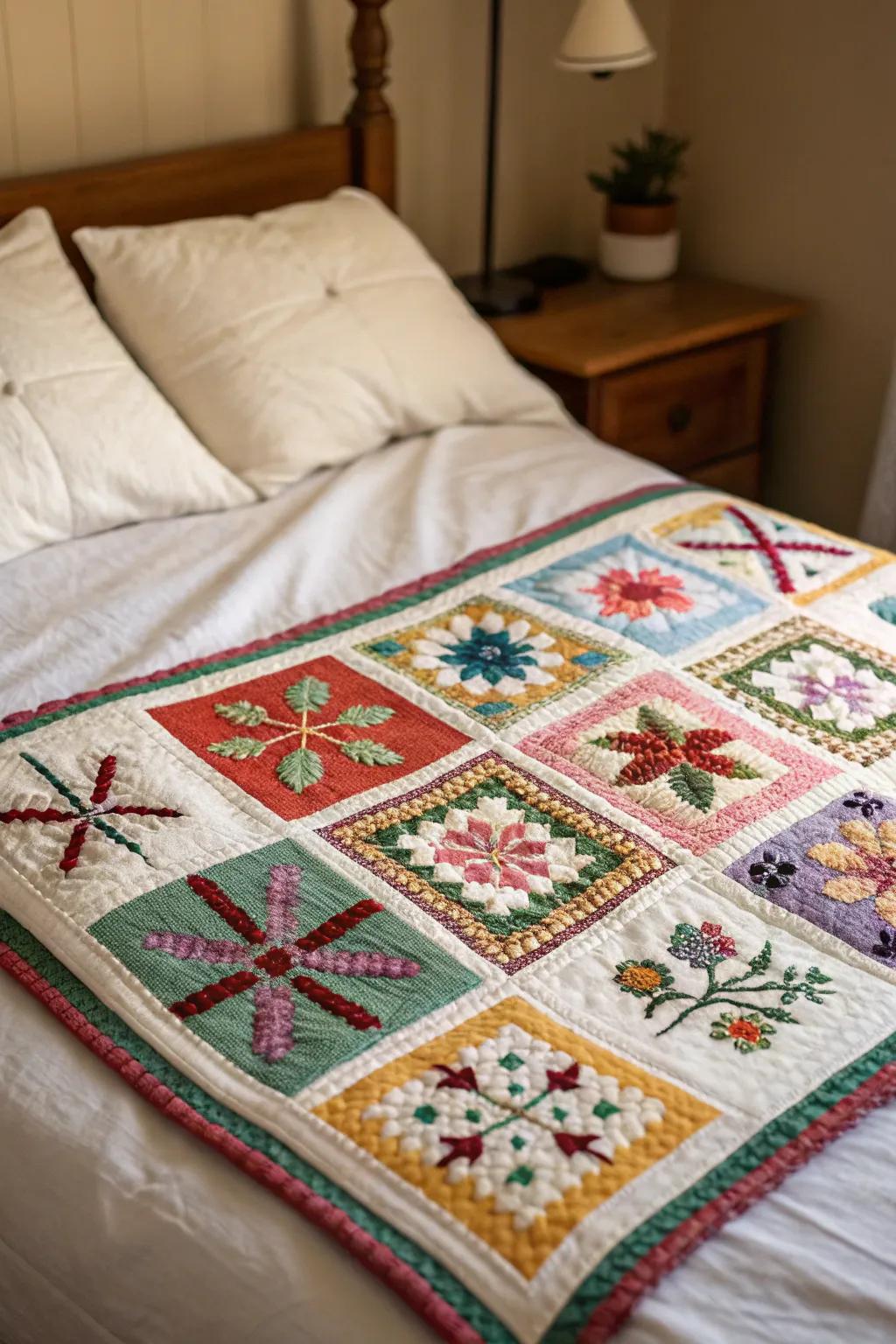 Patchwork quilts featuring cross stitch enrich a bespoke feel to bedding