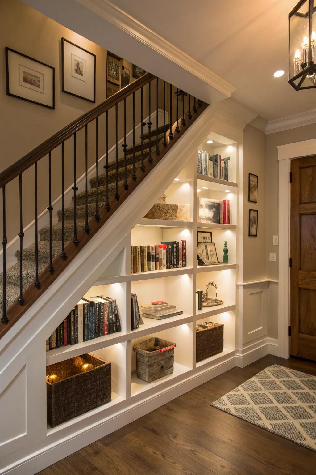 An innovative repurposing of space beneath a staircase to create a miniature library.