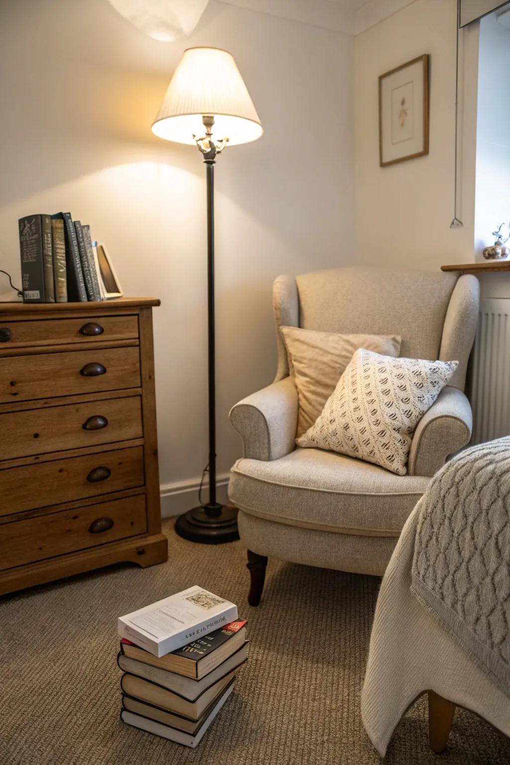A snug reading alcove within a compact setting.