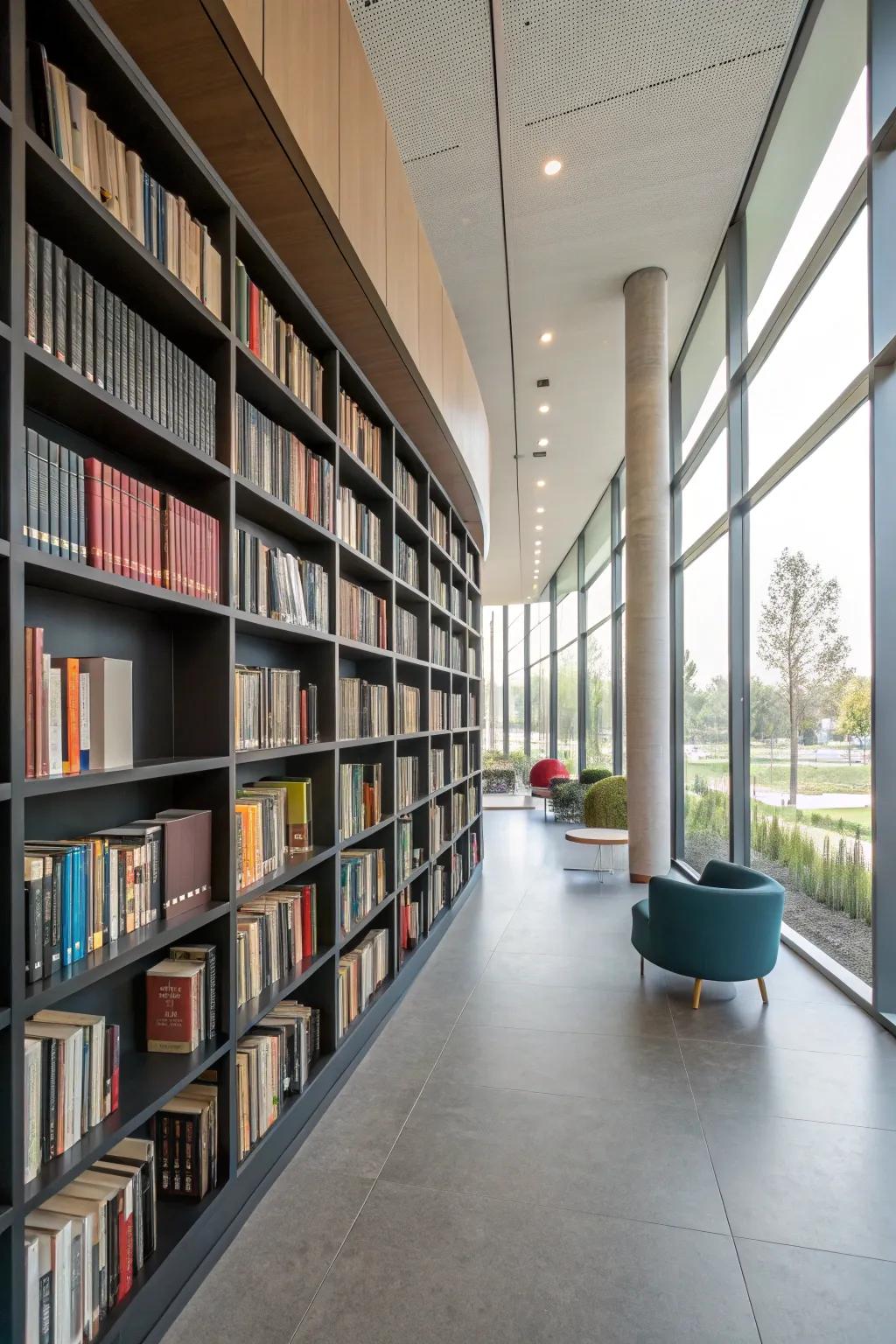 Wall-to-wall shelving establishes a breathtaking library atmosphere