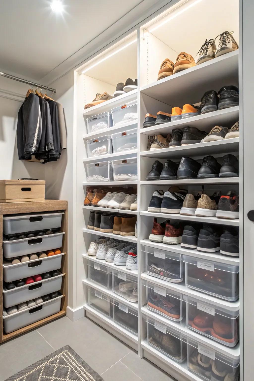 Tiered solutions aid in maximizing space for items such as shoes.