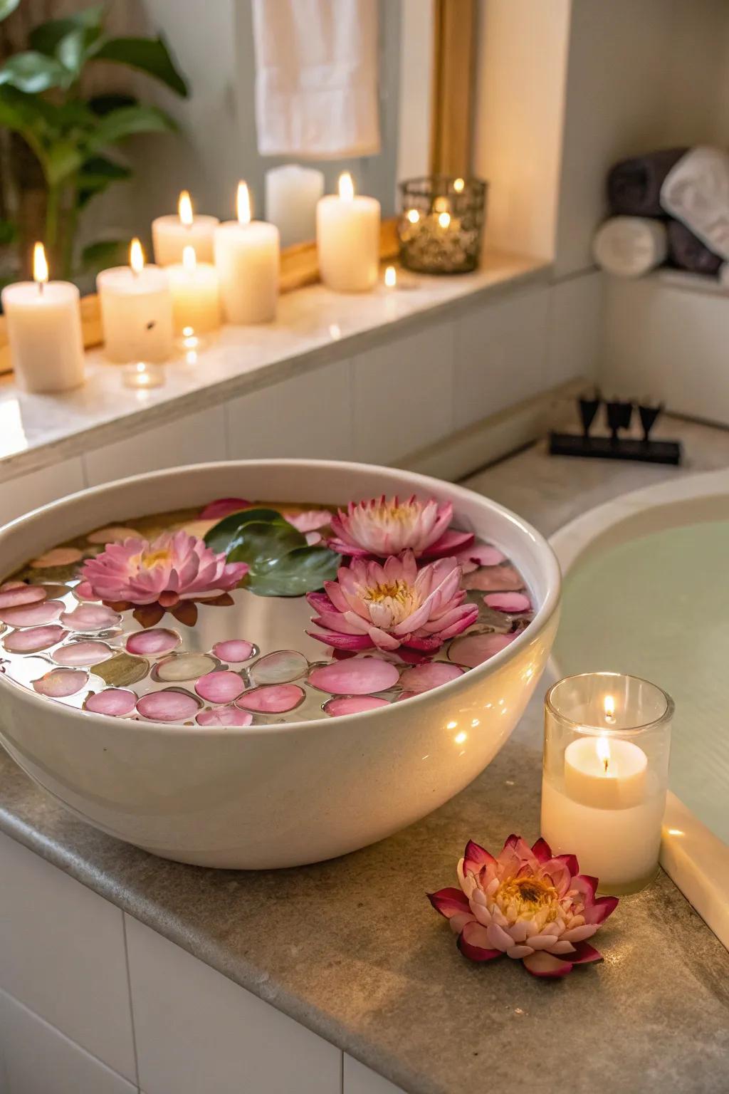 A serene, suspended floral display inside a bathroom setting.
