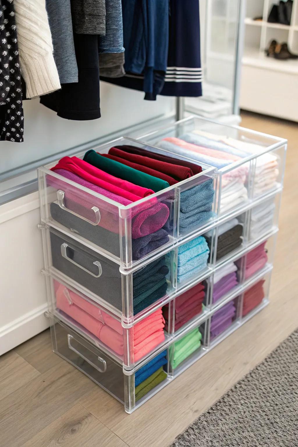 Create a minimalist design with transparent acrylic containers for your leggings.