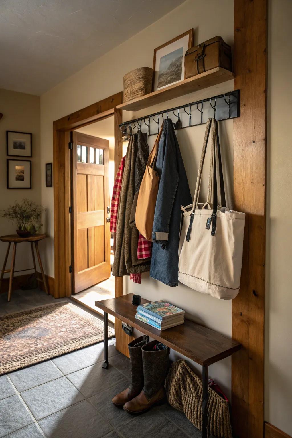 A coat rack presents an adaptable storage answer for carryalls.