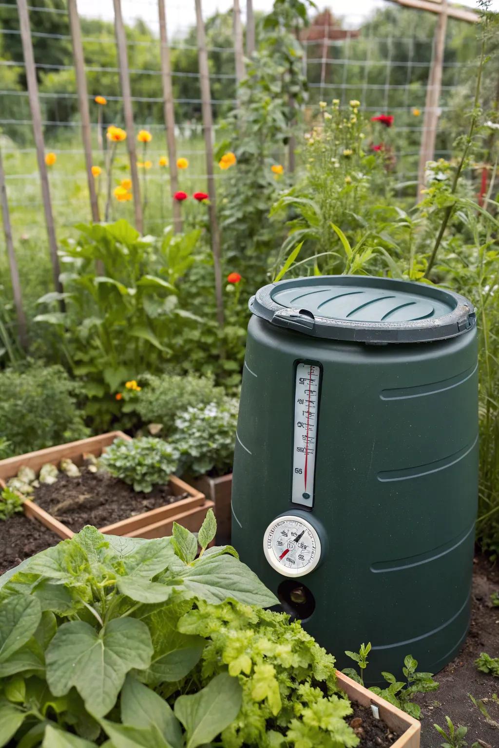 A compost container equipped with a thermometer, offering insights into the composting process.
