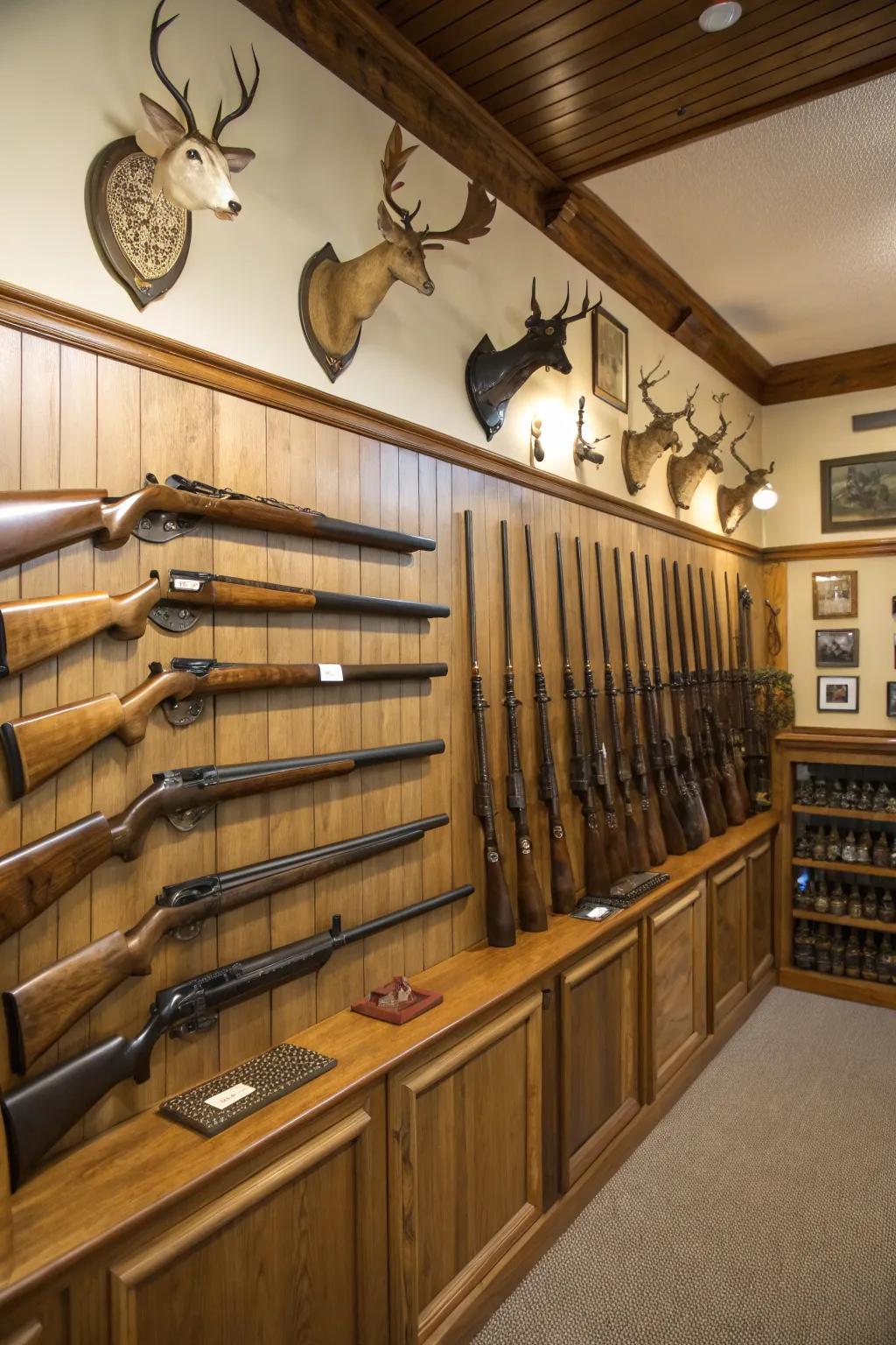 A firearm wall harmonizes practicality with visual beauty.