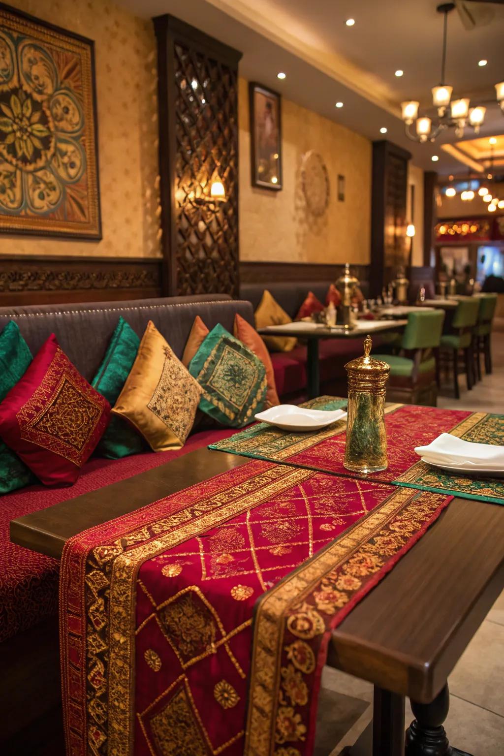 Rich textiles such as silk cushions and table linens elevate the dining experience in an Indian restaurant.