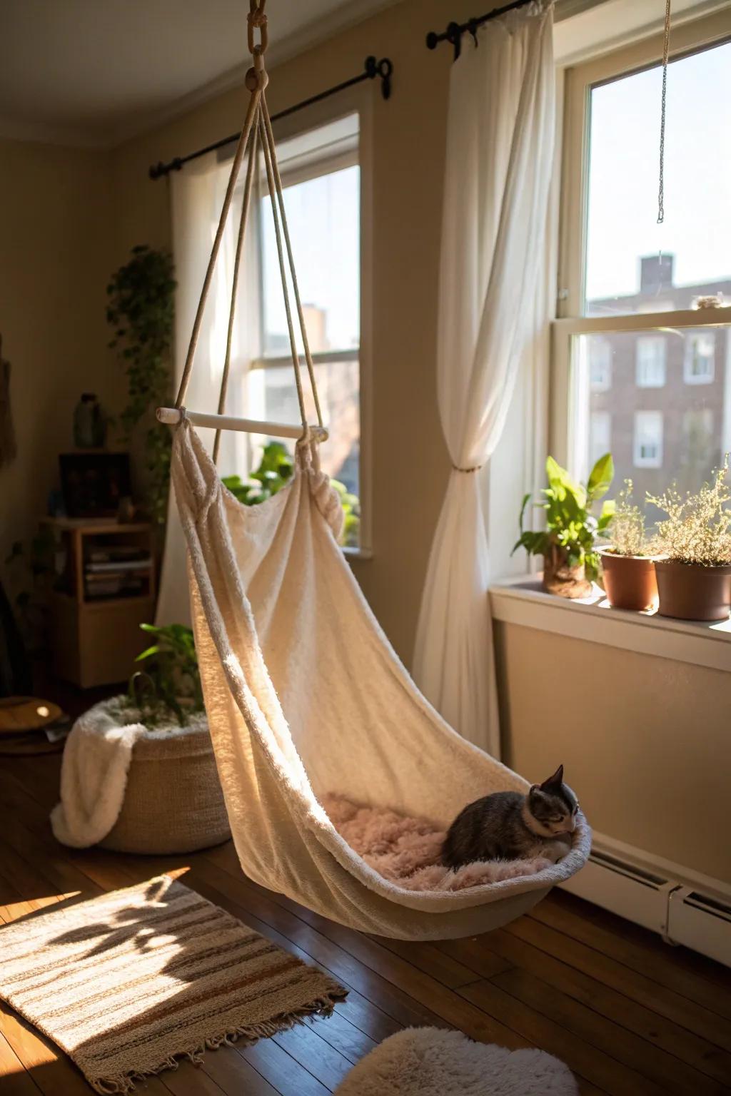A suspended hammock proffers a serene location for cats to decompress.