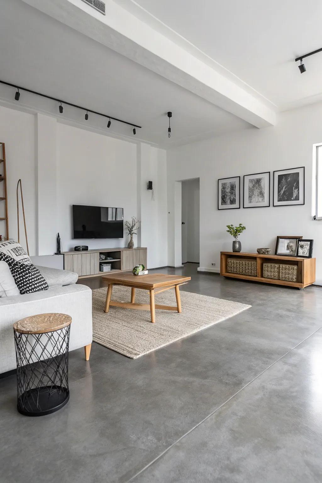 A monochrome palette on a concrete floor enriches this minimalist living room with sophistication.