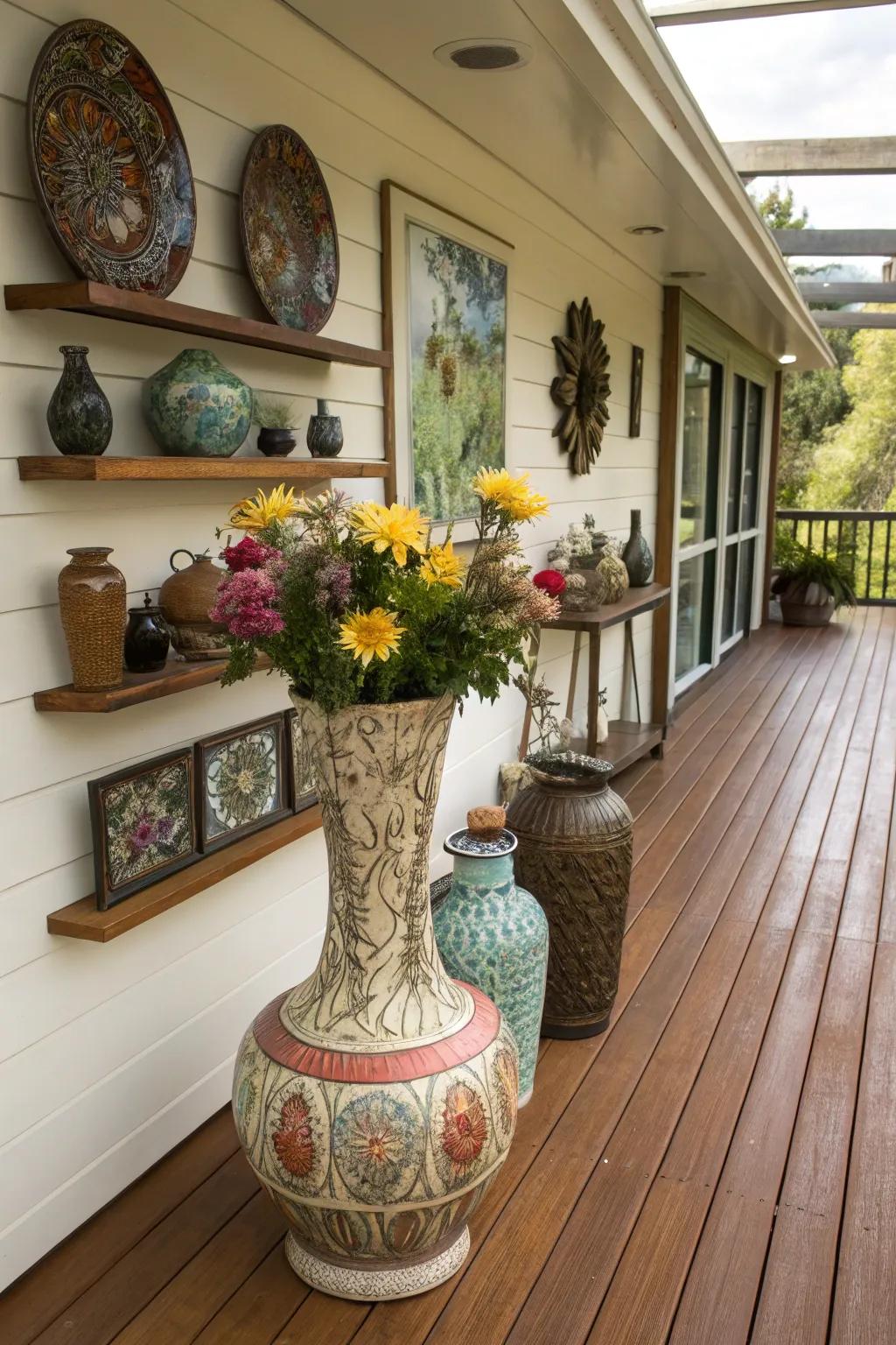 Decorative pottery and artistic pieces personalize this indoor deck.