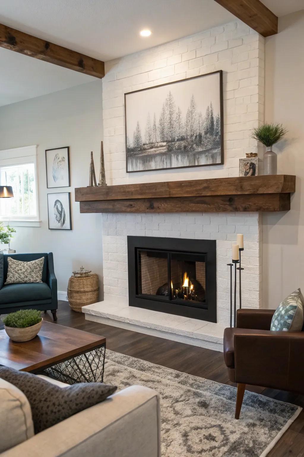 A living space highlighting a suspended wood lintel above a fireplace, adorned with sleek decorative features.