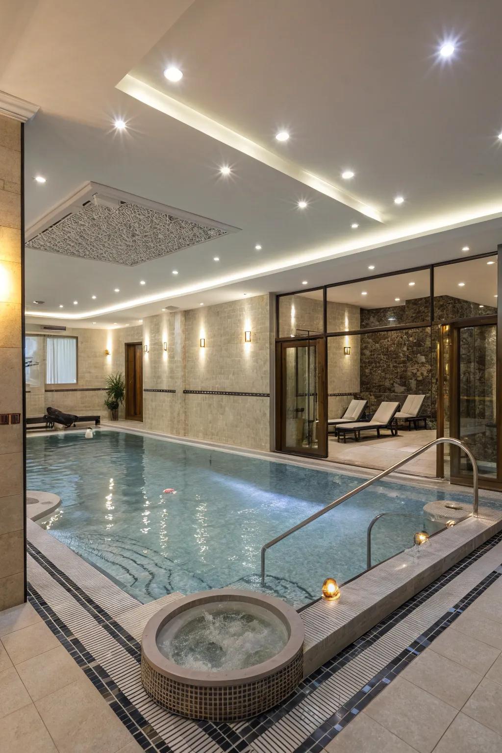An indoor pool featuring an integrated hydro-massage bath for supreme relaxation