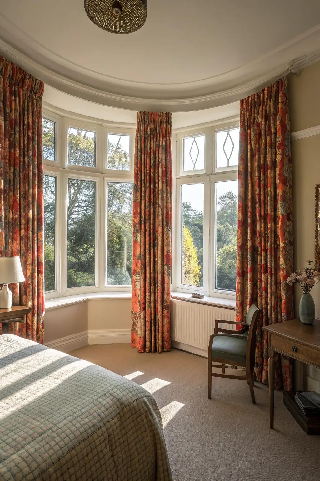 Motif-adorned curtains introduce both individuality and allure.