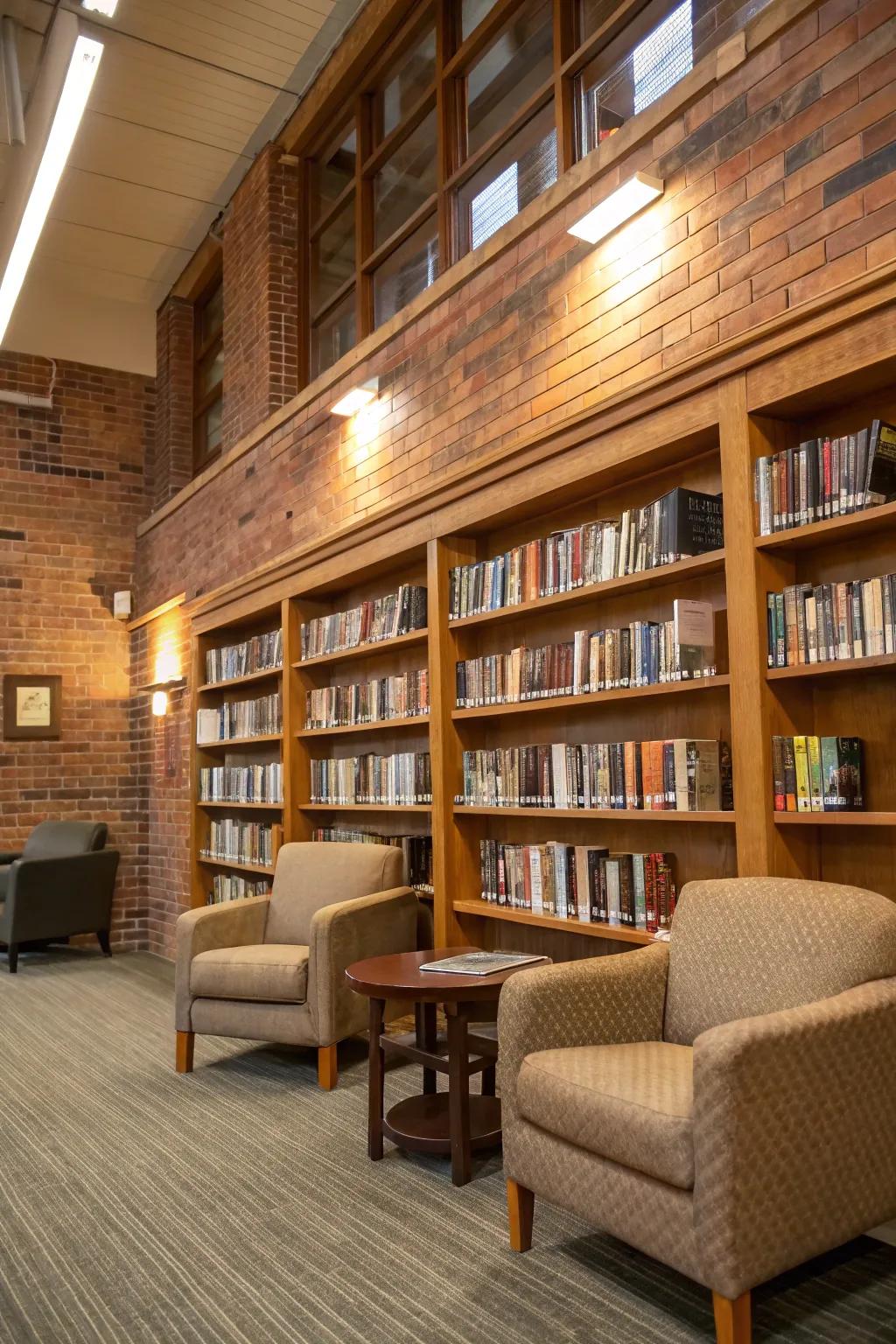 A sophisticated library wall with timber shelves on a brick wall, perfect for book lovers.