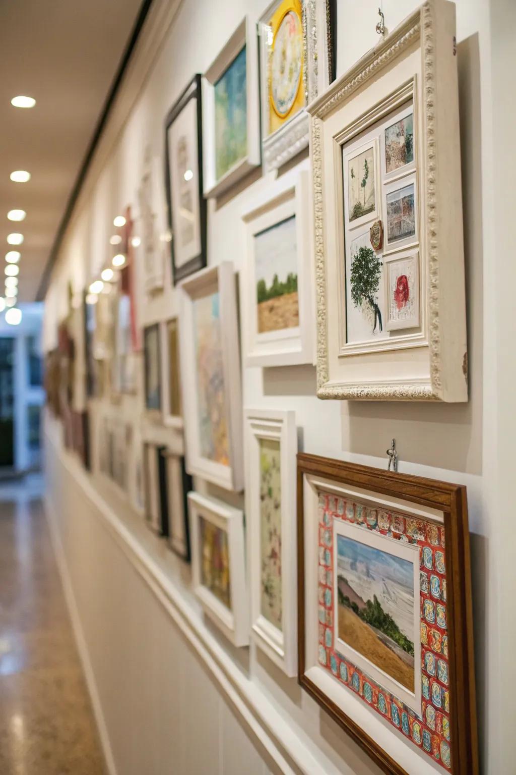 A gallery-style wall featuring picture frame molding, which showcases artwork.