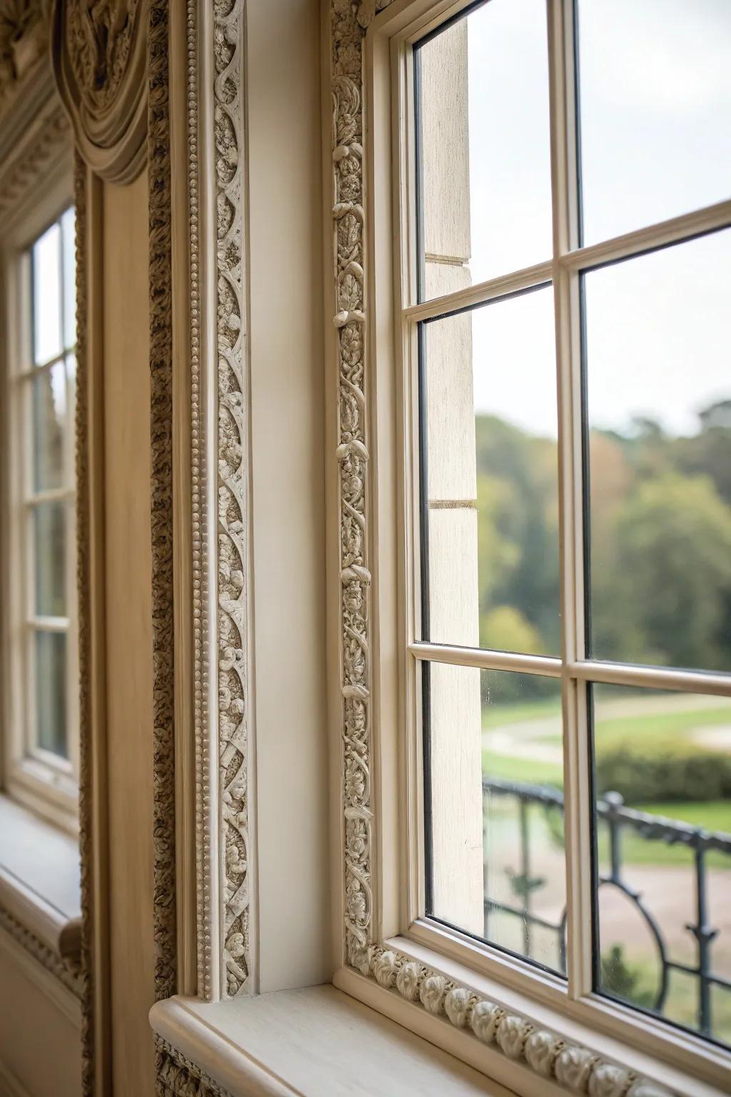 A window featuring stratified molding, thereby contributing depth and sophistication to the ornamentation.