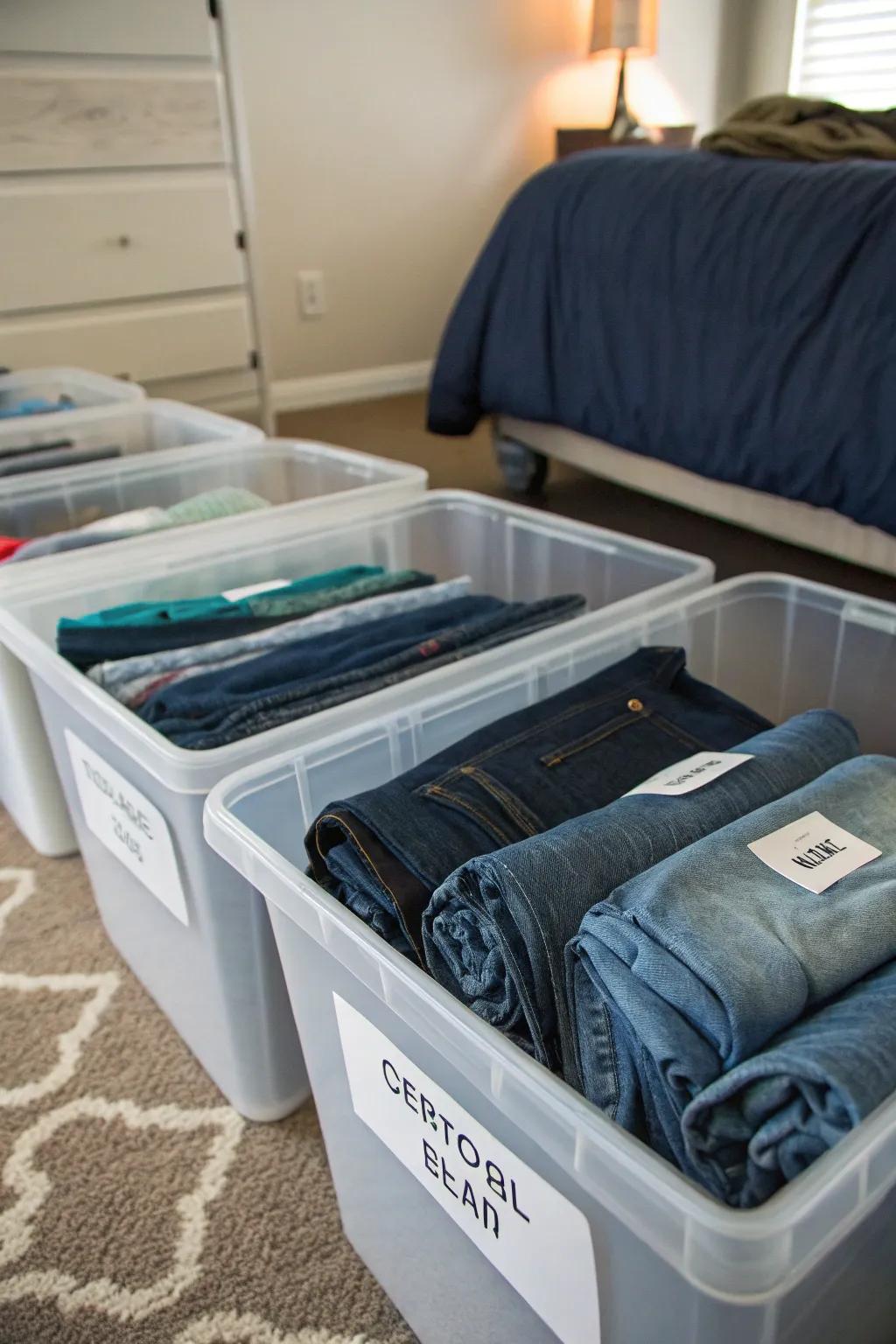 Repurpose bins for a practical and concealed jeans storage solution.