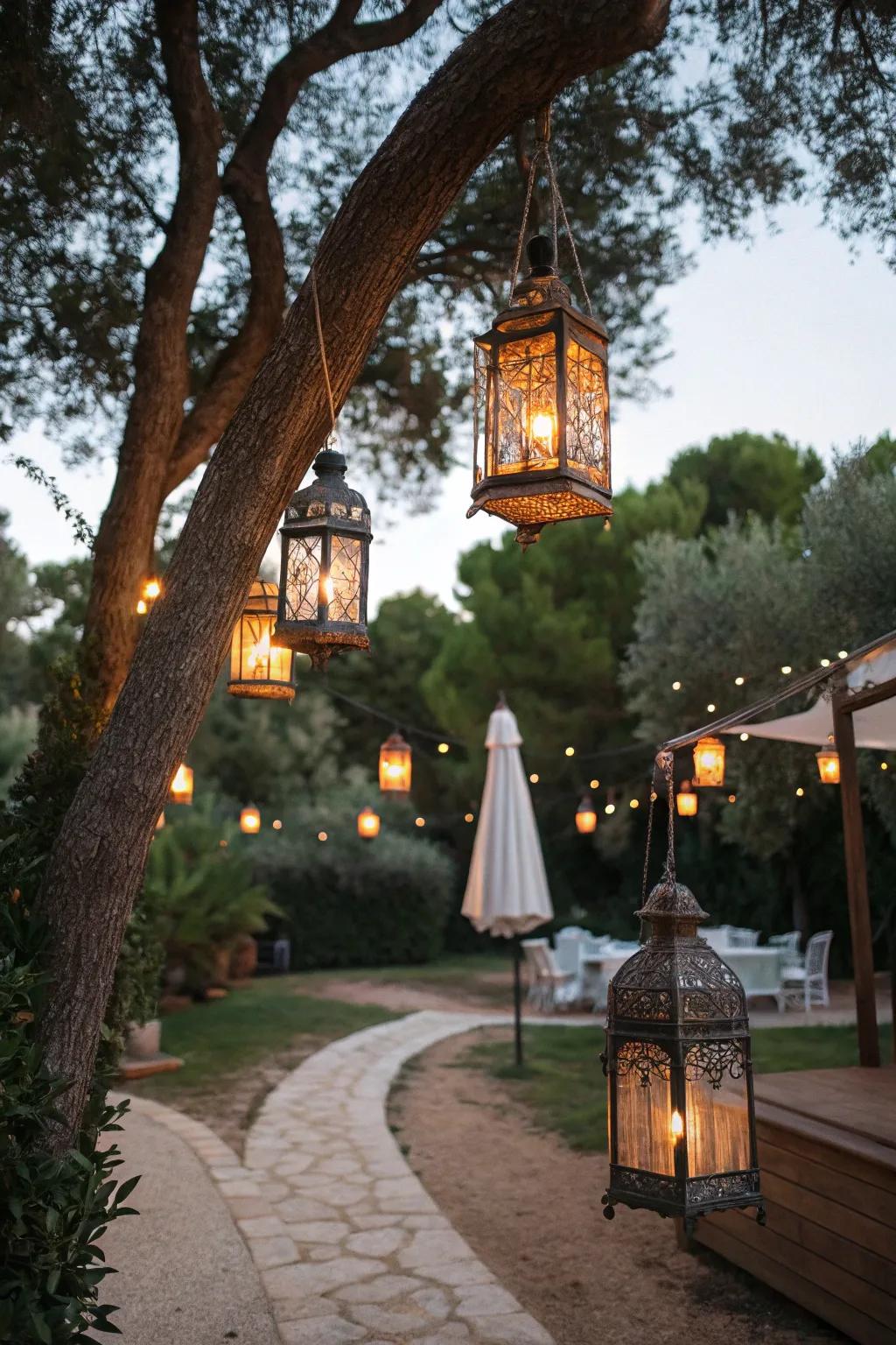 Ornamental illumination casting a warm glow in an outdoor setting.
