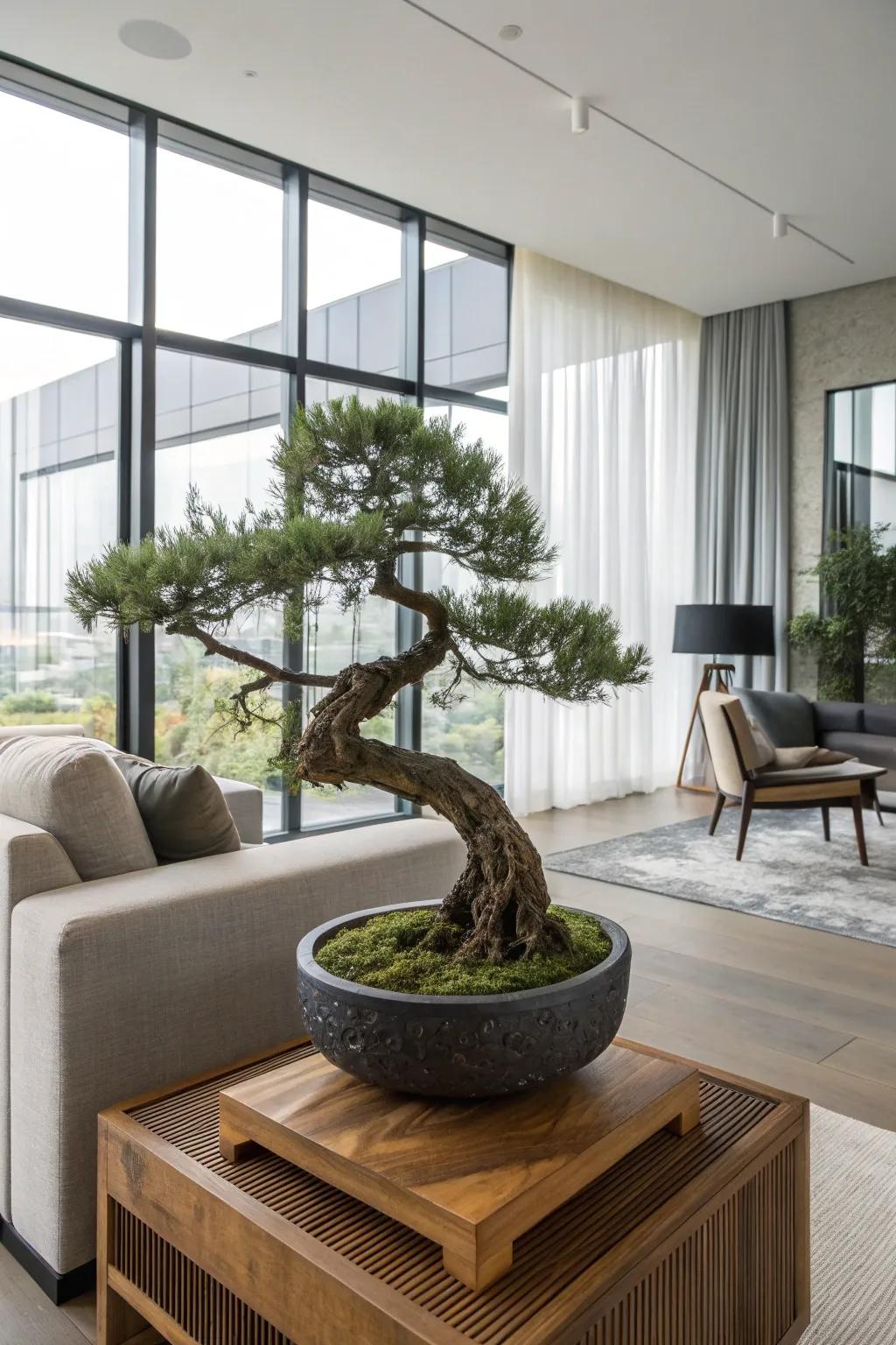 A collective trunk juniper bonsai injecting a narrative component into a modern drawing room.