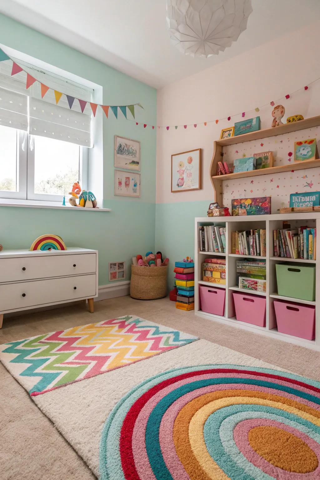 A whimsical rug enhancing ease and defining areas.
