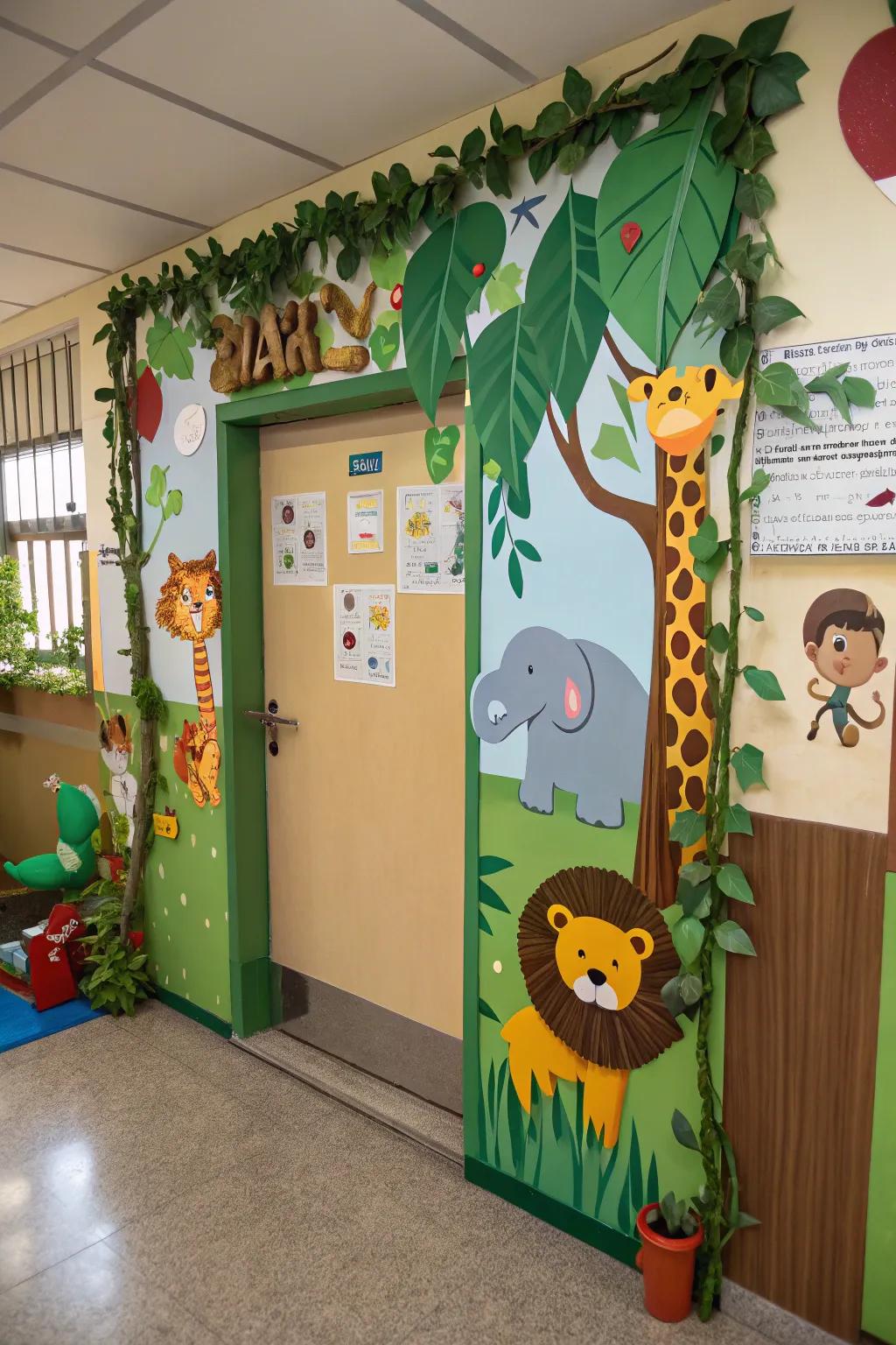 A kindergarten portal with a verdant safari theme, encompassing fauna and foliage.
