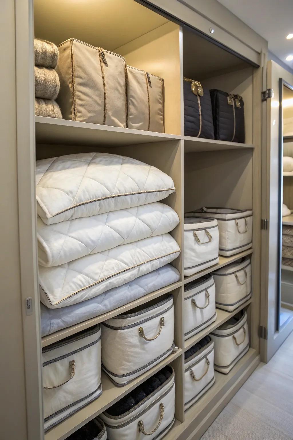 Coordinated storage bags simplify wardrobe arrangement.