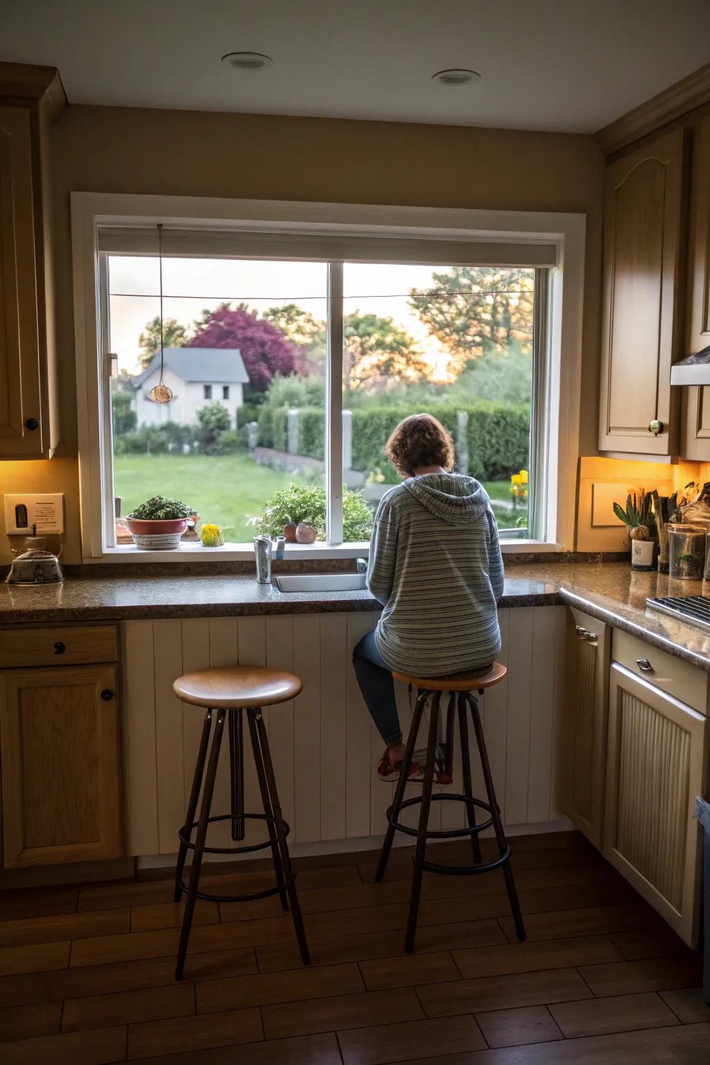 A windowsill bar offers a bright and cozy dining space.