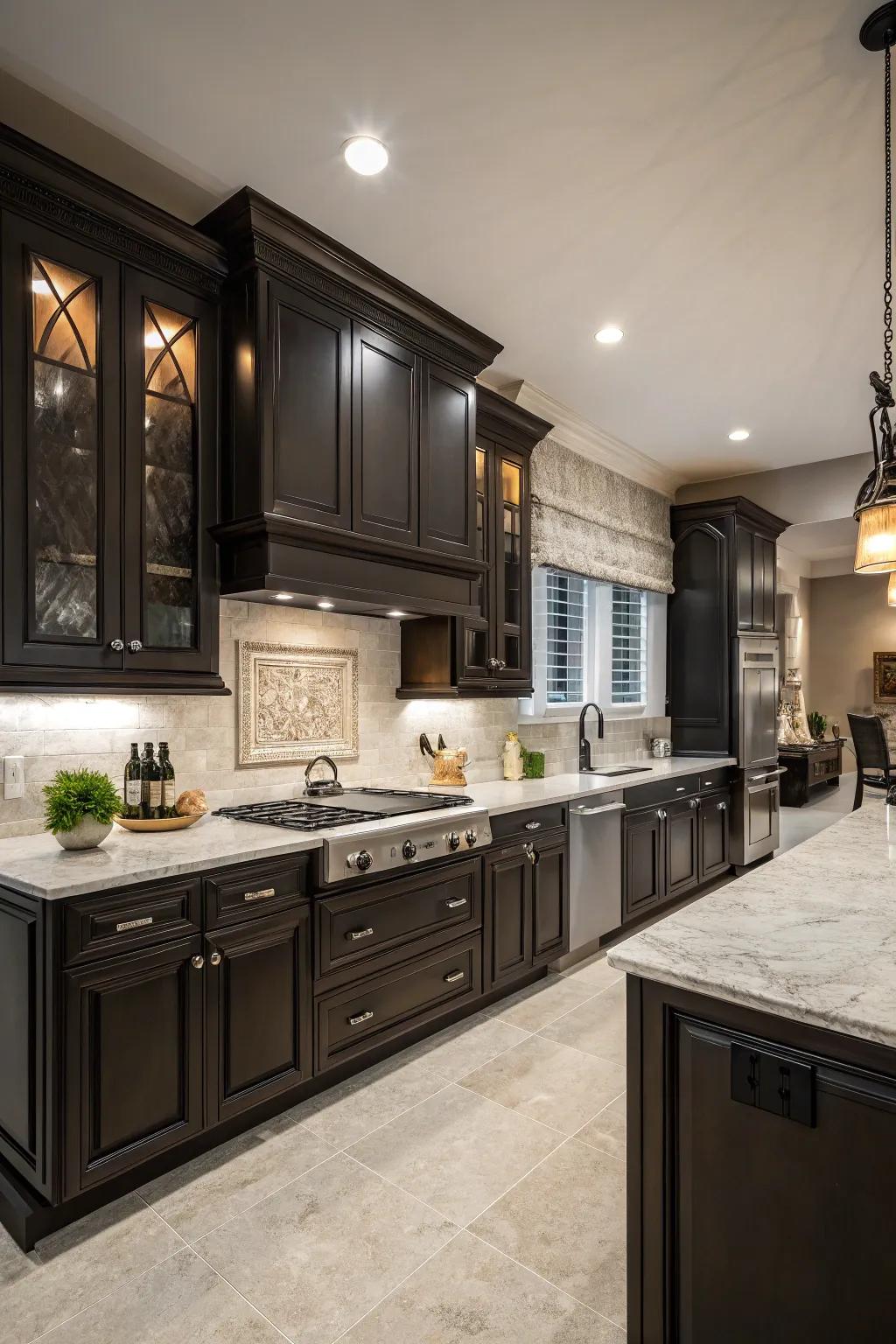 Dark surfaces impart a theatrical and cultured element to kitchen designs.