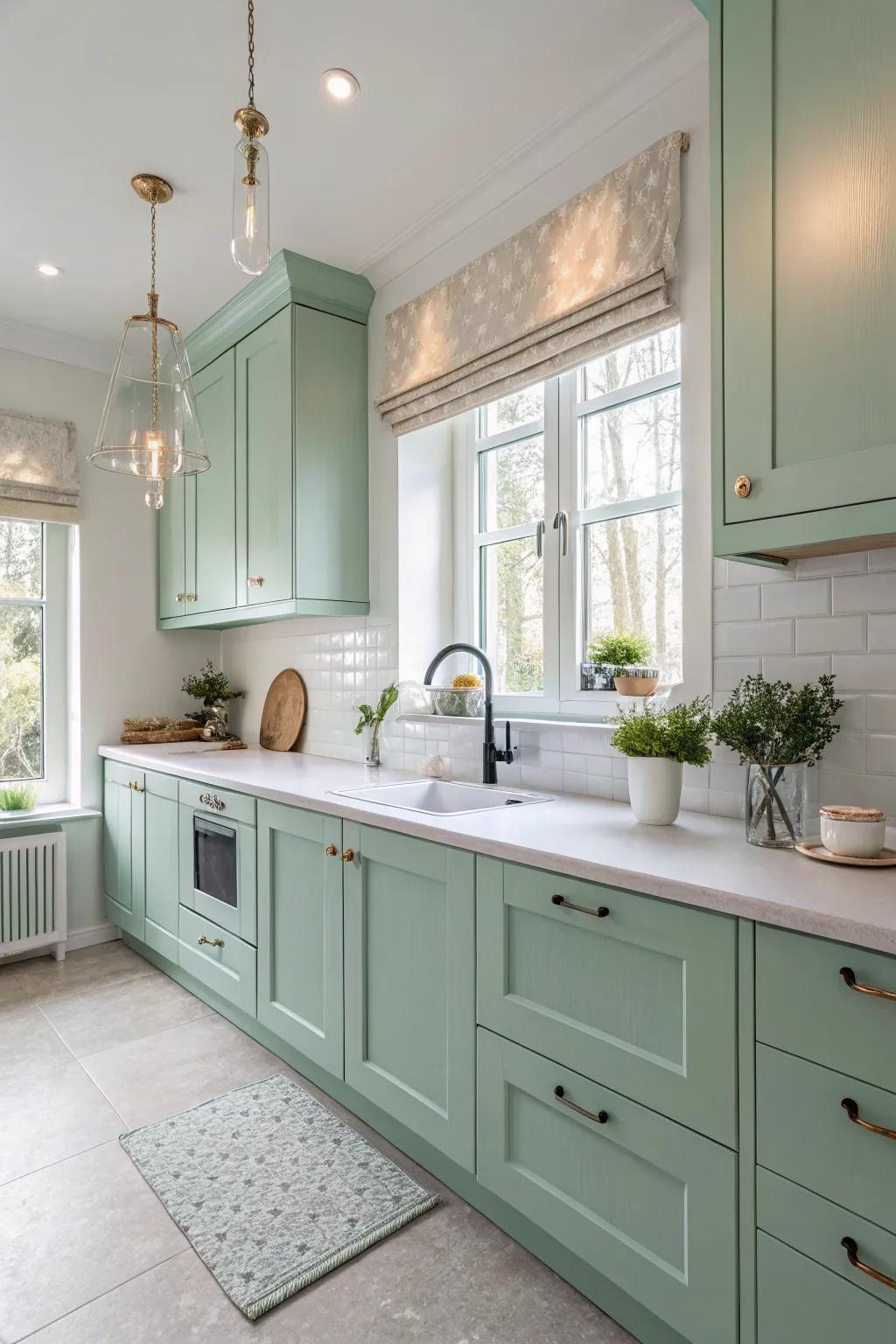 Refreshing aquamarine contributes a spirited elegance to the kitchen.