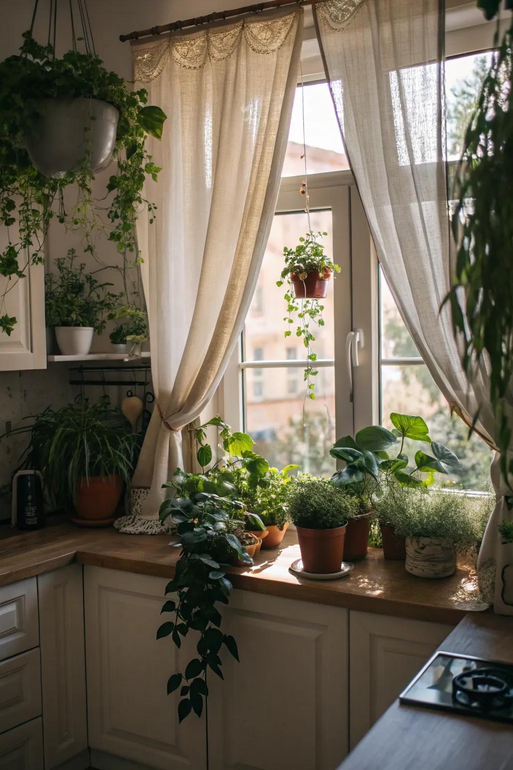 Window coverings twinned with plants fashion a revitalizing and welcoming kitchen milieu.