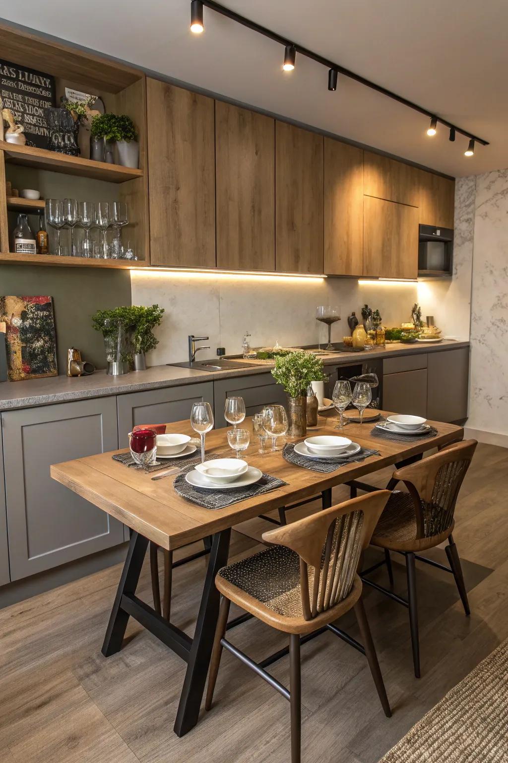 A multifunctional kitchen desk area that doubles as a social gathering point.