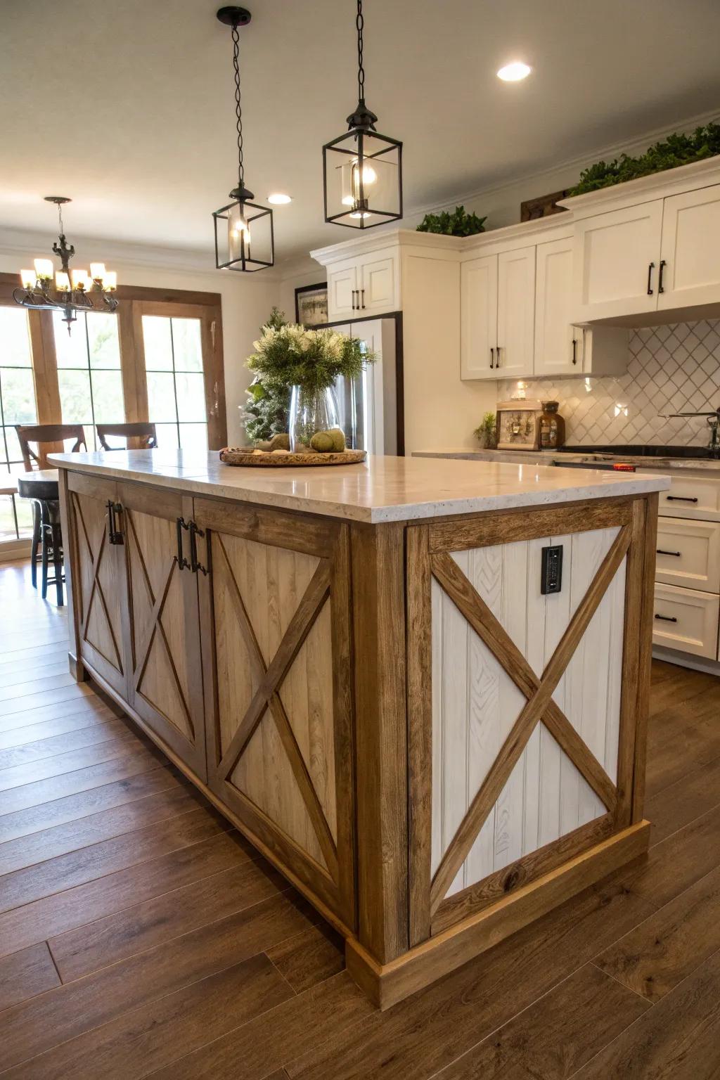 A dynamic crosshatch pattern trim lends a touch of country charm to the island.