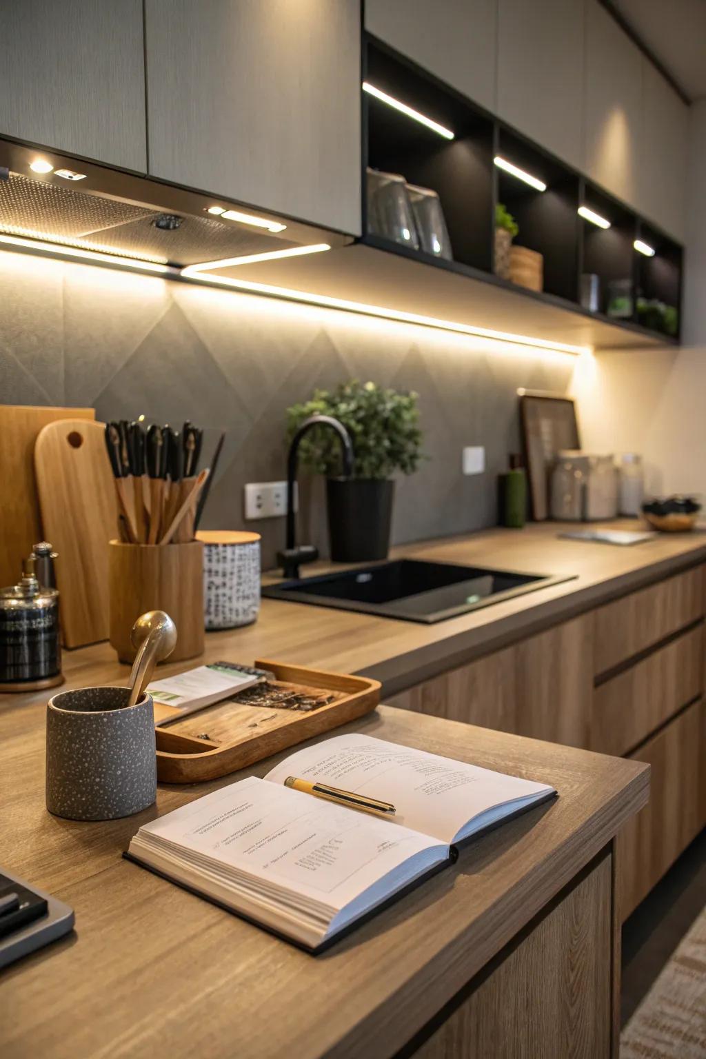 Under-cabinet lights improve the kitchen workspace.