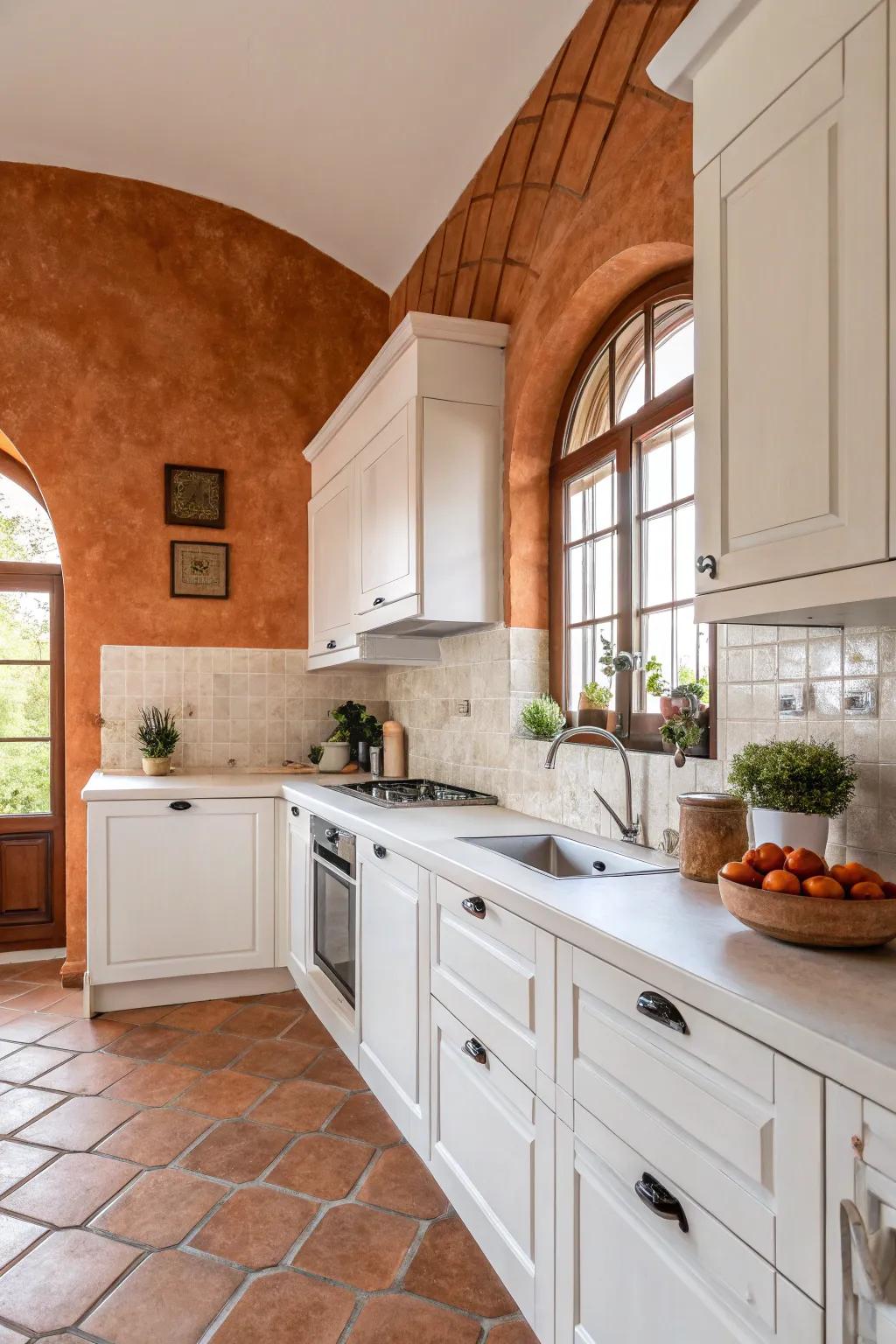 Fired clay walls introduce warmth and character to your kitchen.