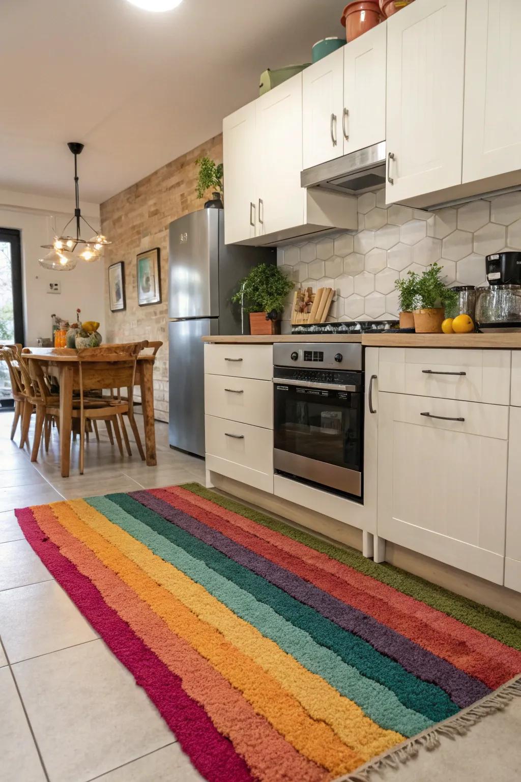 An unanticipated burst of colour within your rug has the potential to infuse jubilation and personality into your kitchen.