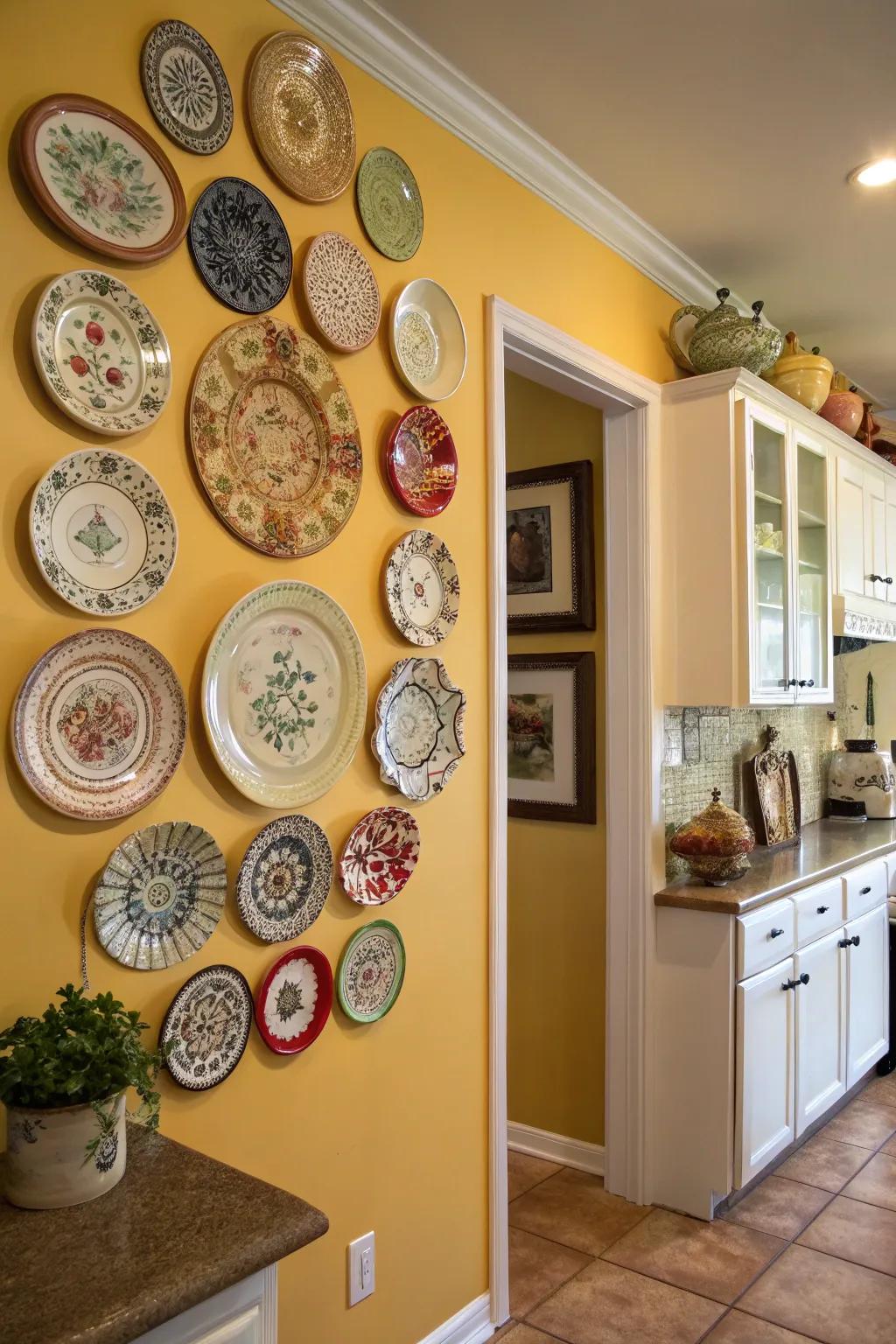 A kitchen wall embellished with an imaginative array of vibrant discs.